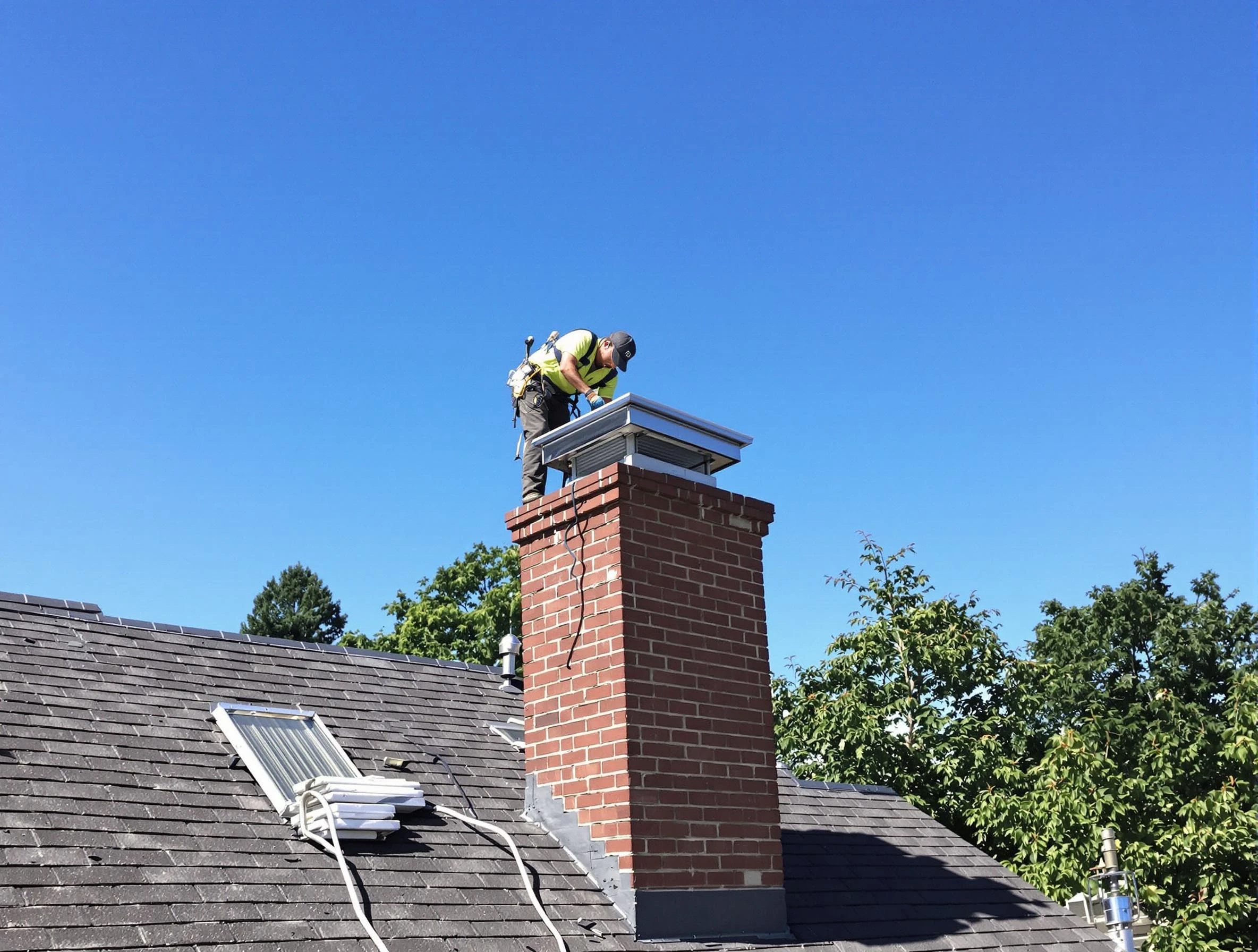 Chelsea Chimney Sweep technician measuring a chimney cap in Chelsea, MA